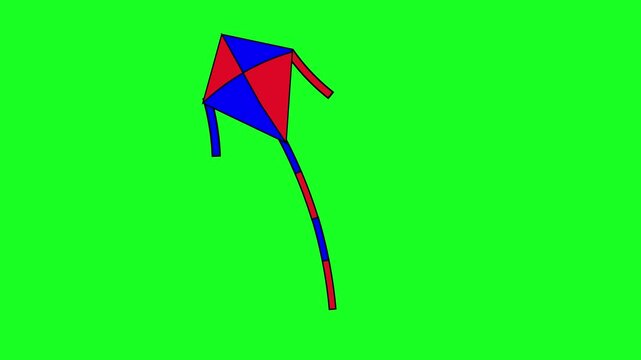 Colorful red and blue cartoon kite flying and floating in the wind on a green screen. Great for summer, kids, or childhood themes