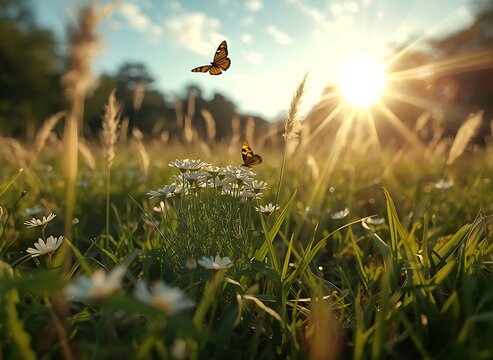 Golden hour meadow with white daisies yellow brimstone butterflies and bright sunburst flares
