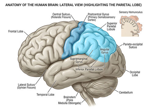 Human brain lateral view with parietal lobe highlighted