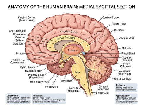 Human brain medial sagittal section diagram