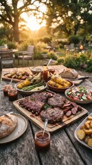 Obraz premium Rustic Backyard BBQ Dinner with Grilled Steaks, BBQ Ribs, Fresh Salads and Summer Garden Setting.