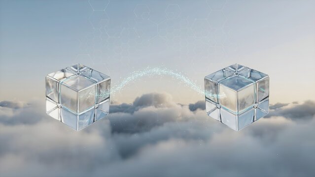 Twin crystal cubes transferring luminous data particles 3d render &ndash; Great for cloud computing, seamless synchronization, or file sharing
