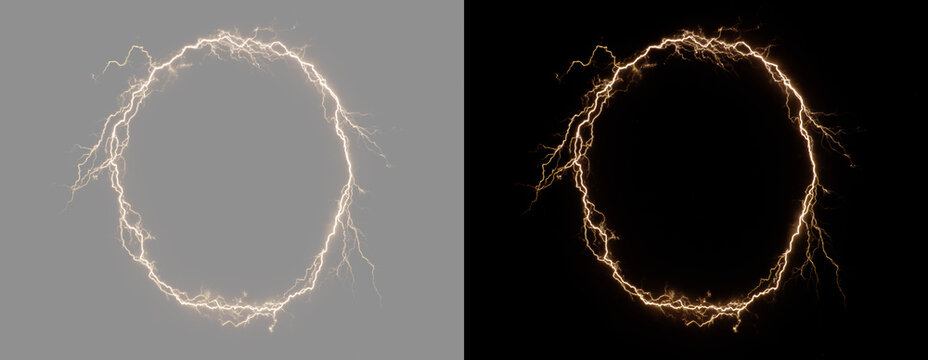 Abstract golden lightning circle ring set isolated on grey and black background. Futuristic electric power thunder circle frame banner. Modern glowing electrical spark plasma ring overlay