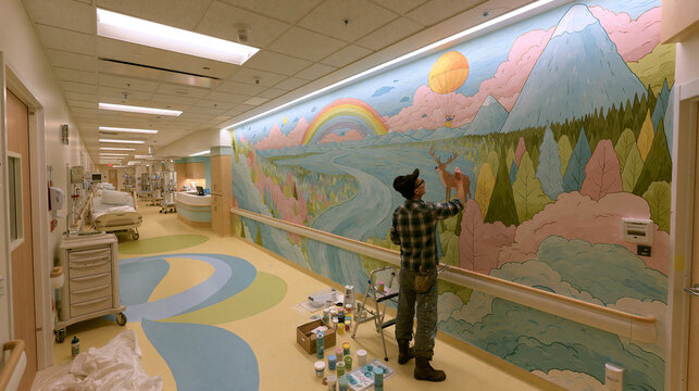 Colorful Mural Art in Hospital Room &mdash; Enhancing Patient Wellness with Therapeutic Landscape Painting