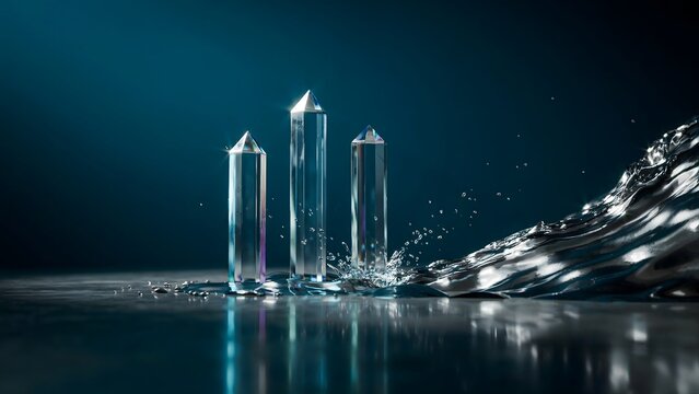 Translucent pillars resisting surging metallic wave concept 3d &ndash; Great for market stability, economic strength, or crisis management