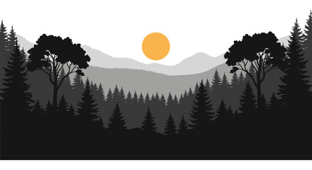 Forest Landscape With Mountains And Sun Black Silhouette © Sakib