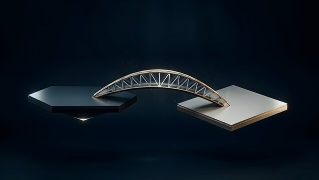 Glass and gold truss bridge connecting floating business platforms 3d &ndash; Great for strategic partnerships, merger and acquisition, or connection