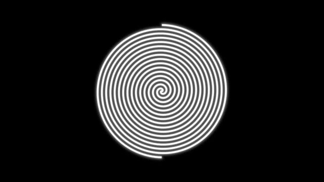Hypnotic white spiral tunnel rotation graphic on dark background