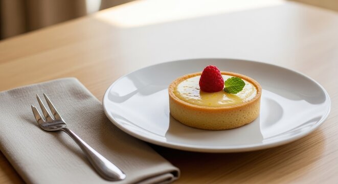 Fresh lemon tart with a single raspberry and mint leaf.