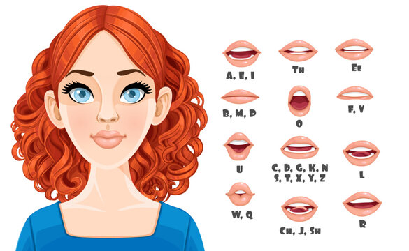 Cute girl with curled hair talking mouth animation. Female character speak mouths expressions