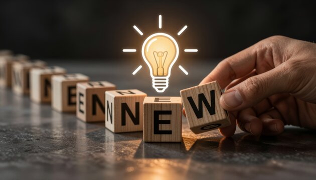 Creative Innovation Concept with Wooden Blocks and Glowing Lightbulb
