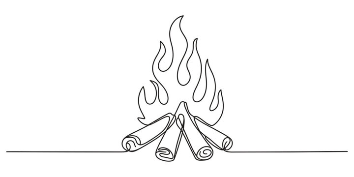 Continuous single line drawing of a burning campfire with logs and flame