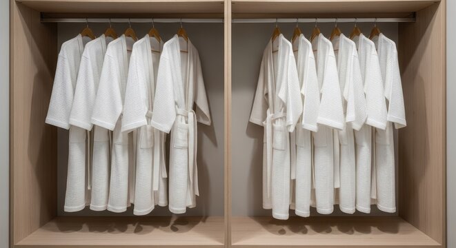 Rows of clean white bathrobes hanging in hotel closet.