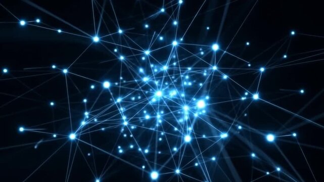 Abstract moving lines and connected dots on blue background for communication and technology network concept