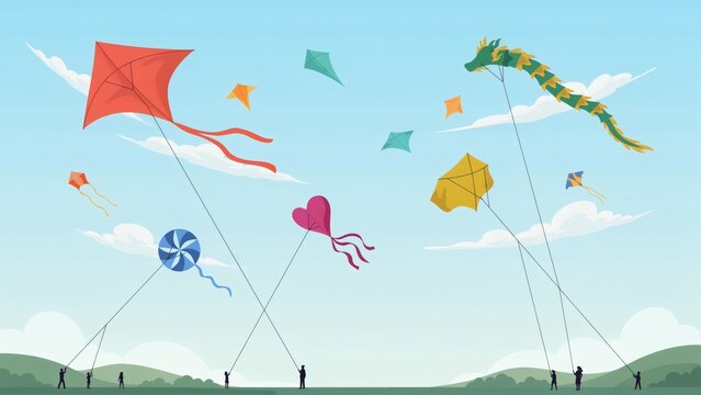 Colorful kites soaring high above green hills featuring silhouettes of people flying them together with illustration various colorful flat vector illustration