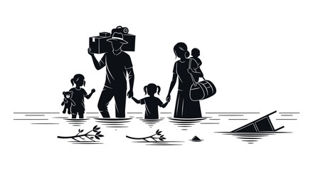 Family Carrying Belongings In Water Black Silhouette