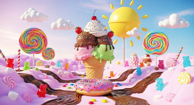Whimsical fantasy candy landscape with ice cream and sweets