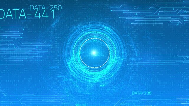 Bright tech portal interface visual cyan lens rings, floating data blocks, circuit lines, clean digital depth. for software promos, science explainers, security intros, and futuristic motion graphics.