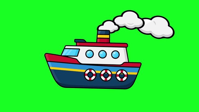 Animated colorful cartoon toy boat sailing and puffing smoke on a green screen. Great for travel, sea, or kids' content