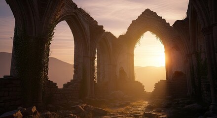 Fototapeta premium Ancient stone arch ruins at sunset in mountains.