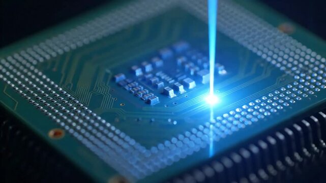 Close-up of Laser Beam Etching Microchip in Technology Lab