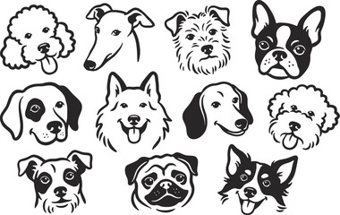 Fototapeta premium Dog breed head icons, black and white pet faces, 11 canine vector illustrations
