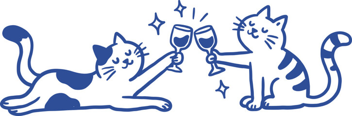 Hand drawn cats toasting with wine glasses, blue line art feline celebration © Meow
