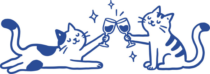 Minimalist cat toast vector, blue line art cats clinking wine glasses, party art © Meow