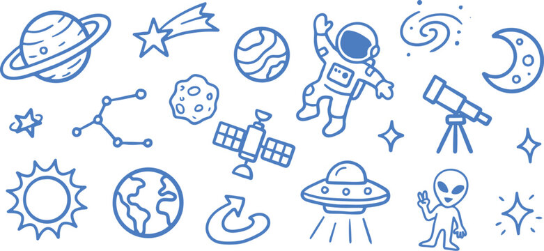 Space doodle icon set, blue hand drawn galaxy elements, astronaut vector icons