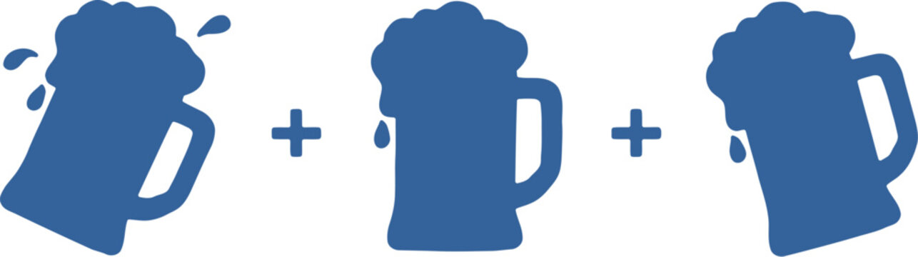 Blue beer mug silhouettes, foaming glass icons, brewery vector set