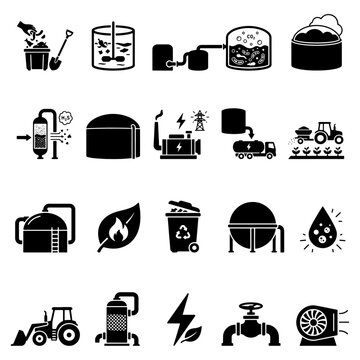 Biogas Plant Anaerobic Digester Bio Energy Production and Renewable Gas Vector Icon Set Isolated on White Background