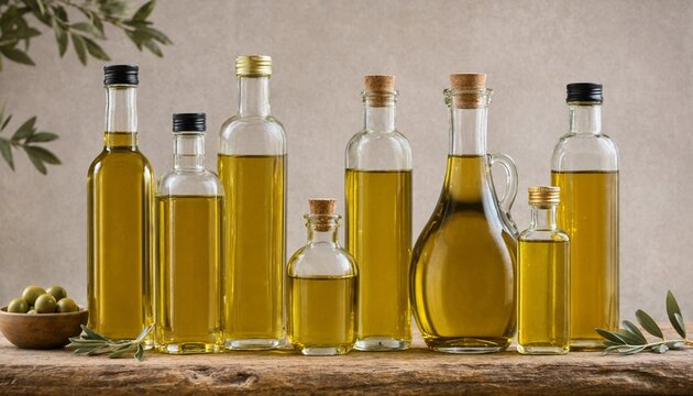 Large collection of extra virgin olive oil bottles of different sizes and designs on rustic wooden board