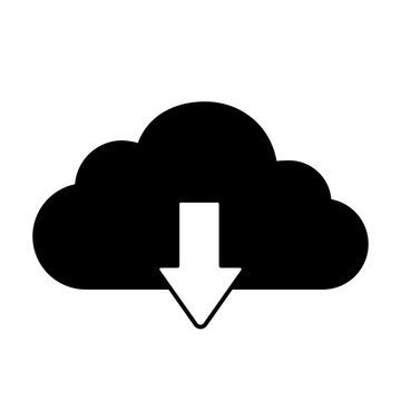 Black cloud icon with downward arrow for data download and cloud network storage access interface button on white background