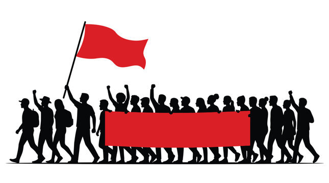 Black silhouette of a large protest crowd carrying a red banner and waving red flags