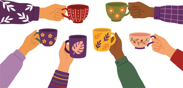 Flat vector illustration of diverse hands holding colorful patterned coffee mugs and tea cups for a toast celebration
