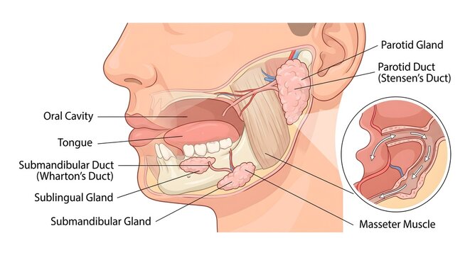 Human salivary glands anatomy cross section diagram with detailed medical labels showing parotid submandibular and sublingual glands