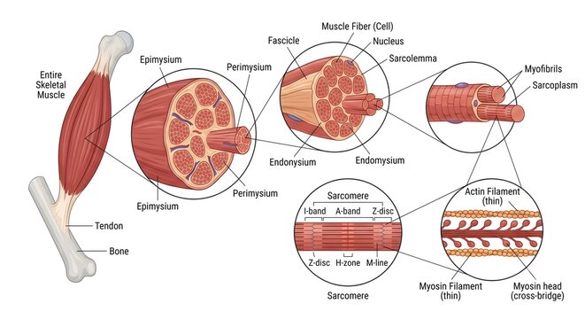 Human skeletal muscle structure anatomy cross section diagram with detailed medical labels showing fibers and sarcomere