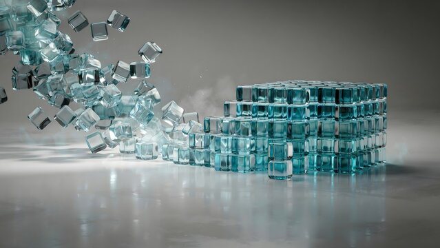 Chaotic stream of glass cubes resolving into structured grid 3d &ndash; Suitable for data cleaning, business process optimization, or information management