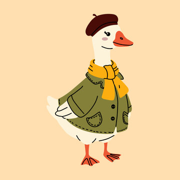 Cartoon Goose Dressed in Green Jacket and Yellow Scarf
