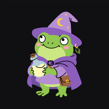 Kawaii Green Frog in Purple Wizard Costume