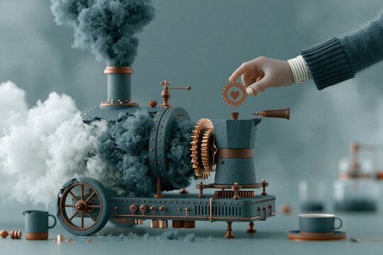 Creative coffee machine as steam engine with human hand place gear