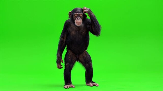 Chimpanzee Scratching Head Looking Up Shaking Head on Green Screen 4K