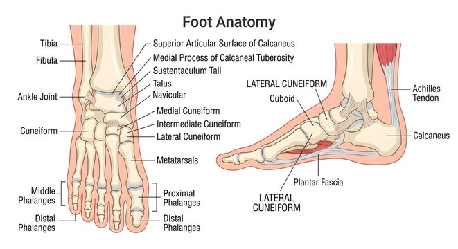 Human foot and ankle anatomy diagram superior and lateral views with detailed medical labels showing bones and tendons
