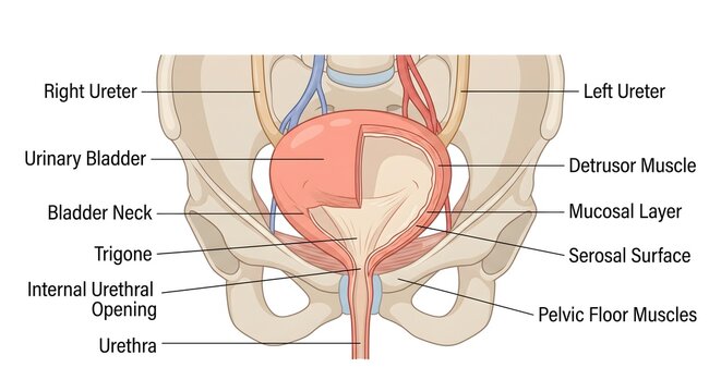 Human urinary bladder anatomy cross section diagram with detailed medical labels showing internal structures and pelvic floor
