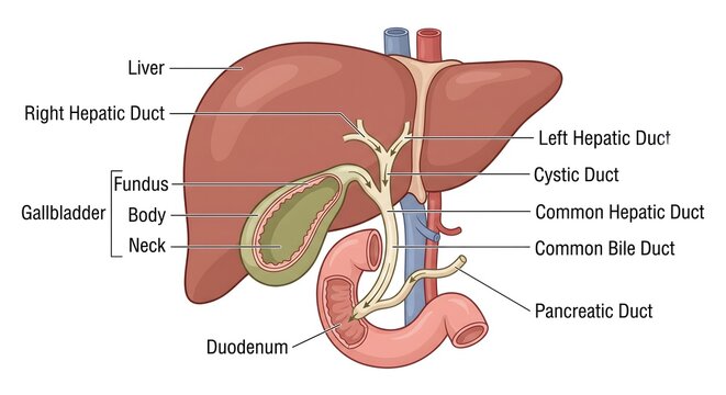 Human liver and gallbladder anatomy diagram with detailed medical labels showing biliary system and ducts cross section