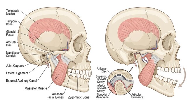 Human temporomandibular joint TMJ anatomy diagram with detailed medical labels showing jaw movement and muscles