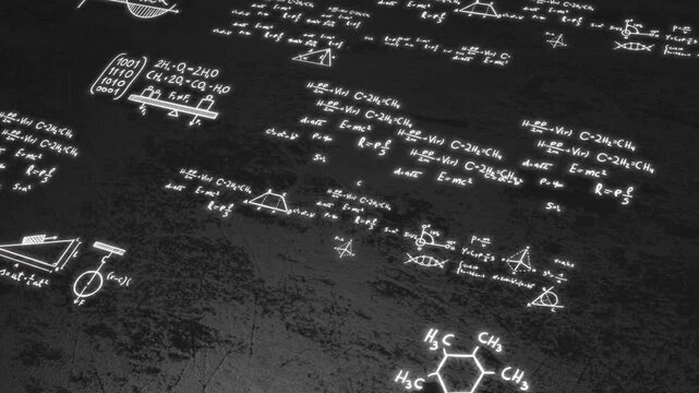 Glowing math equation texture visual white scientific notes, dark rough surface, and classroom chalk style. tutorial videos, physics lessons, chemistry topics, study promos, and motion graphics.