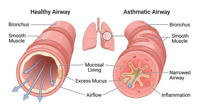 Healthy and asthmatic airway bronchus cross section comparison diagram with detailed medical labels showing inflammation