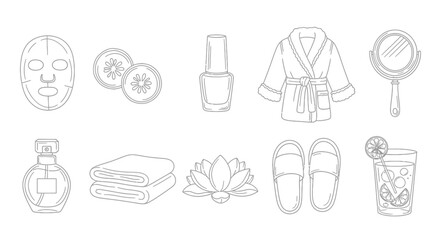 Fototapeta premium Spa and beauty treatment icons set handdrawn sketch style.