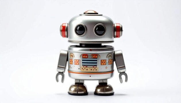 Small silver retro toy robot on white background